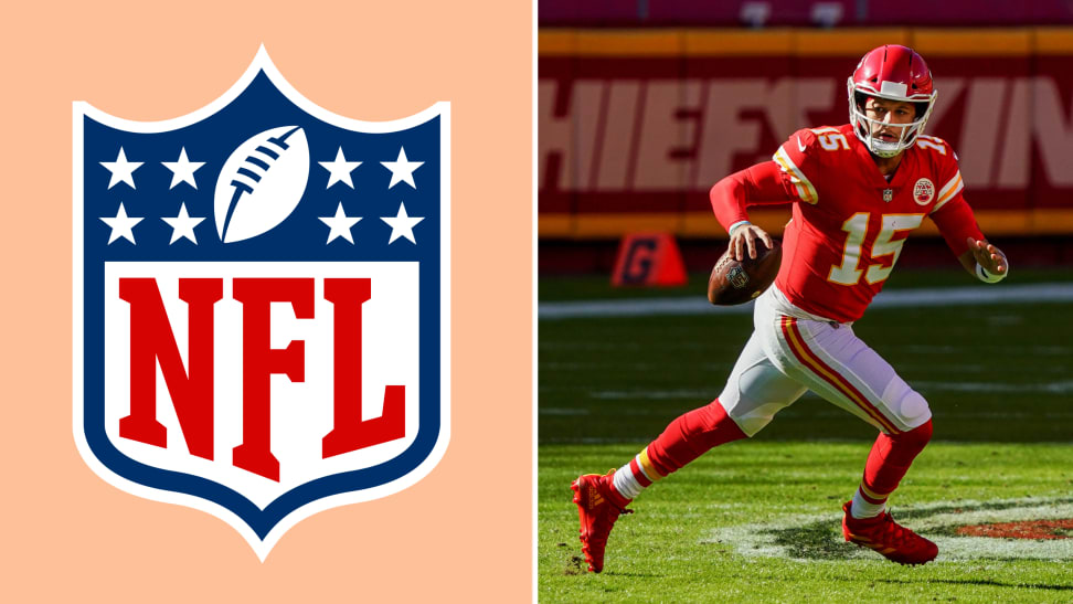 A collage with the NFL logo next to Kansas City Chiefs quarterback Patrick Mahomes.
