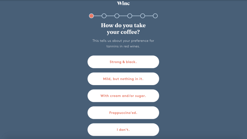 A screenshot of a flavor quiz to help evaluate which type of wine you might like.