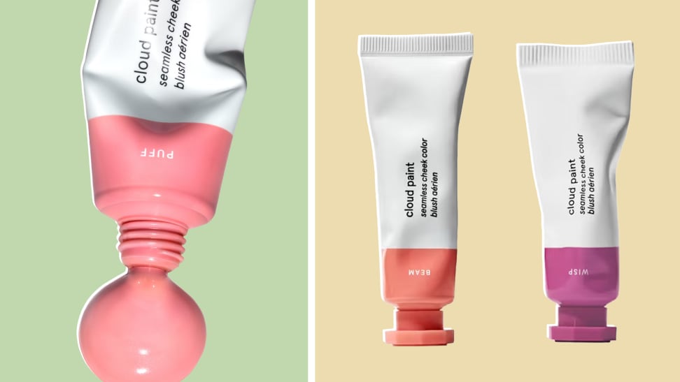 Three tubes of Glossier Cloud Paint set against a green and yellow background.