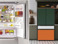 Left: A close-up of the interior of an open French-door refrigerator. Right: A zoomed out photo of a Samsung Bespoke French-door fridge with green fridge doors, a white flex drawer, and an orange freezer drawer.