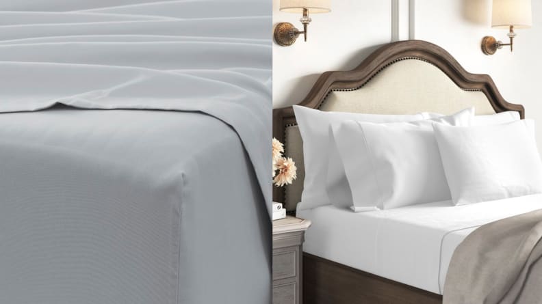 left: grey sheets on bed, right: white sheets on wooden bed