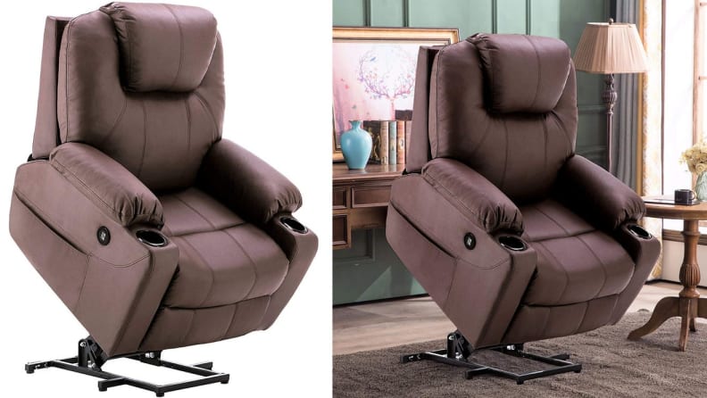 On left, brown power recliner chair in elevated position in front of white background. On right, brown power recliner chair in elevated position in living room.