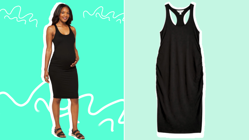 On left, model wearing black Stitchfix Market & Spruce Ren Maternity Racerback Midi Dress.