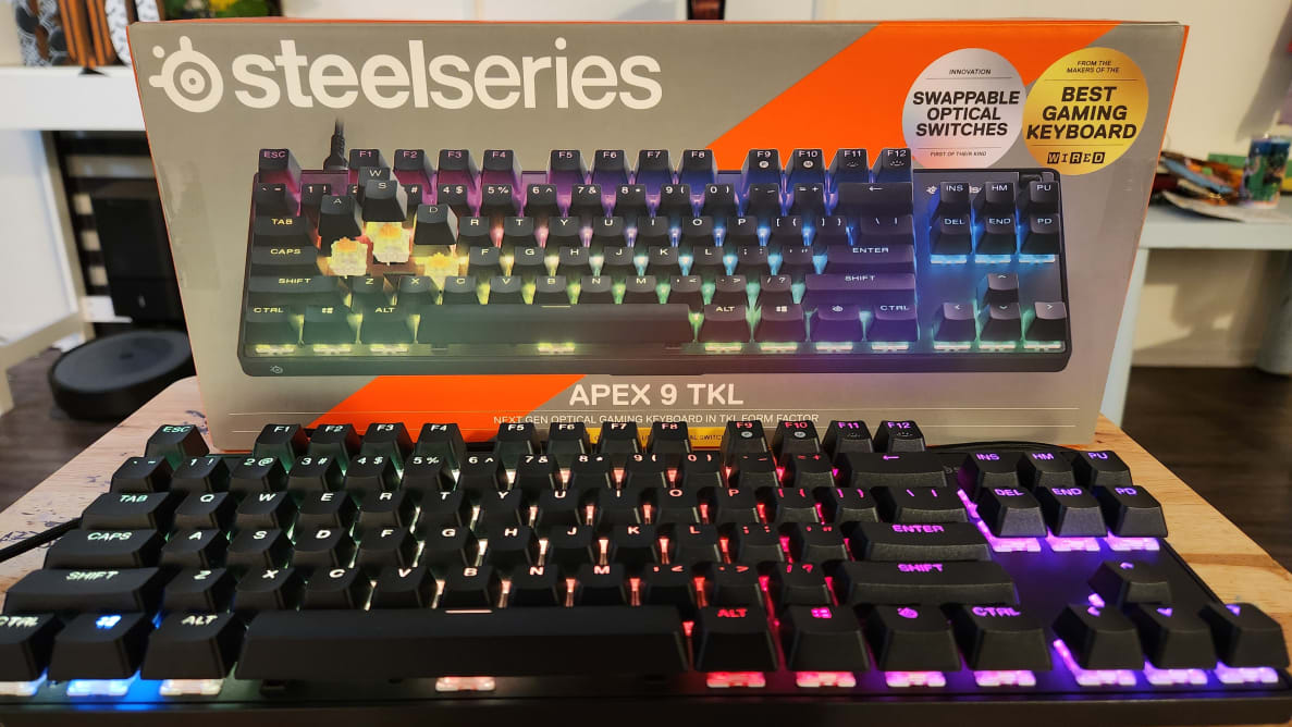 The SteelSeries Apex 9 TKL on display right in front of its retail box.