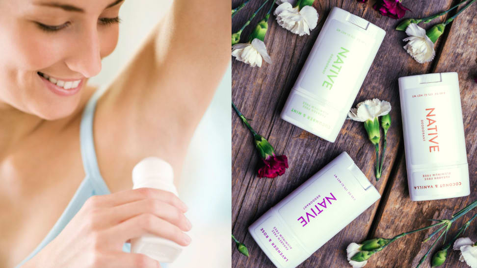 On the left: A woman is applying deodorant to her armpit. On the right: Three sticks of native deodorant  are surrounded by flowers