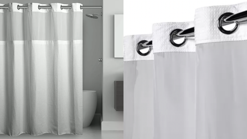 A gray and white shower curtain.