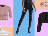 Athletic sneakers, leather pants, cropped blazer, and short-sleeved athletic top.