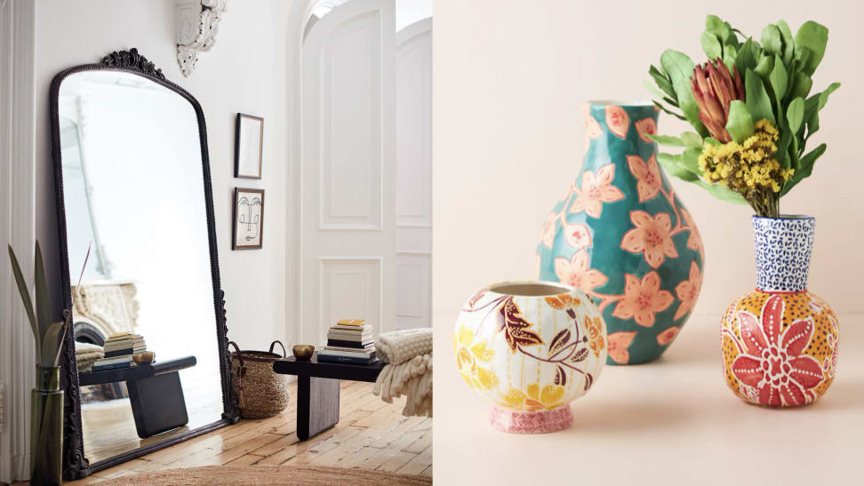 left: mirror against wall, right: colorful vases