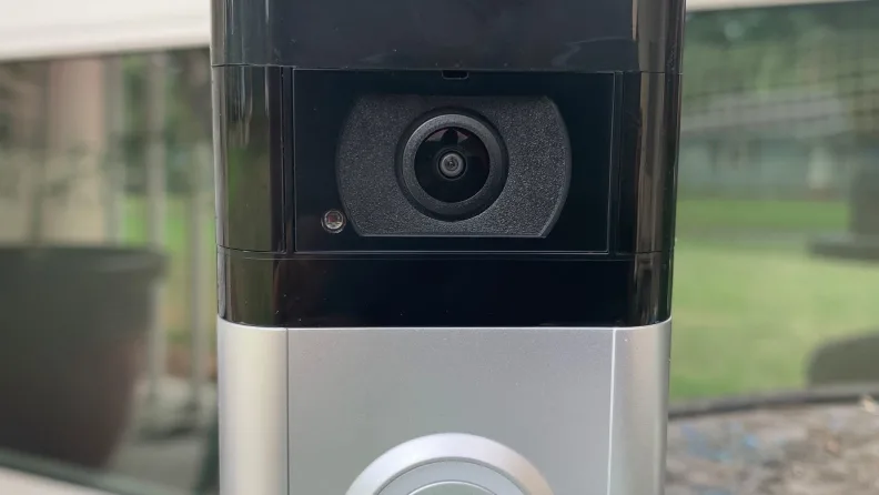 An up close view of the camera lens on the Ring Video Doorbell 4