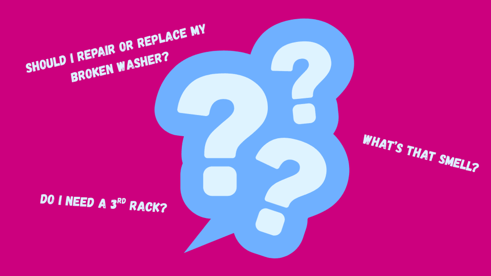 Questions about appliances and three blue question marks on an orange background