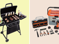 yellow and beige background with gas grill and tool kit