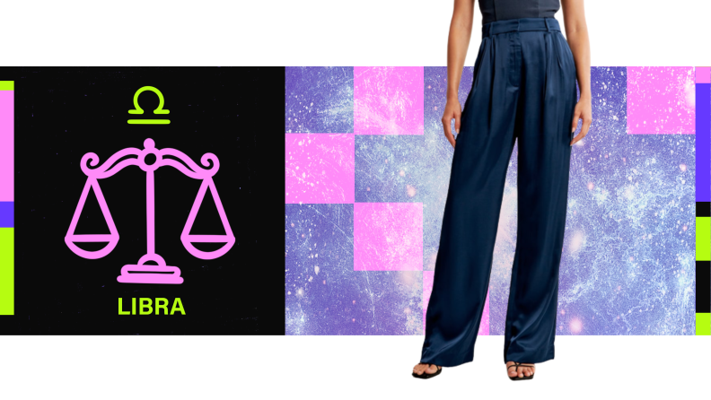 On the left is the symbol for Libra, and on the right is a model wearing wide-leg flowing blue pants.