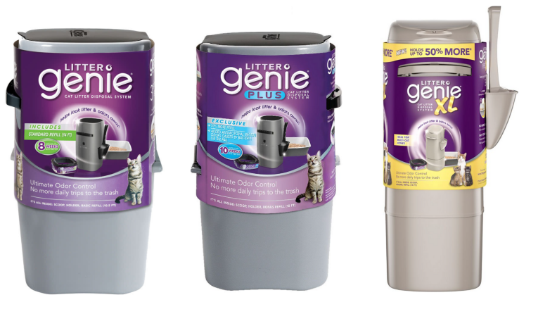 On left, product shot of regular sized Litter Genie. In middle, plus sized Litter Genie. On right, extra large sized Litter Genie