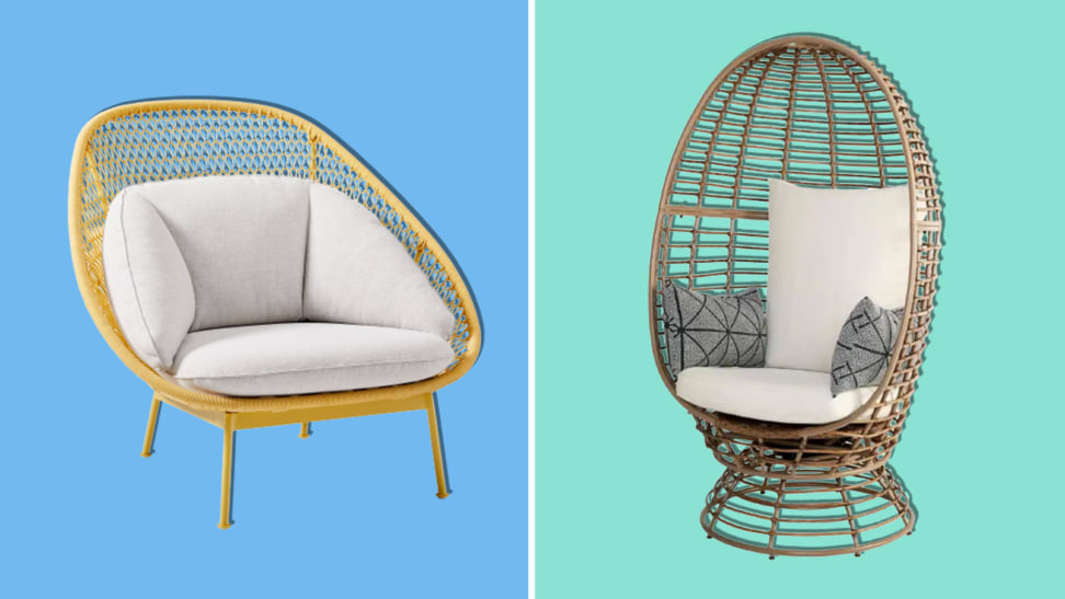 A West Elm Paradise Outdoor Lounge Chair and Home Depot StyleWell Brown Wicker Outdoor Swivel Patio Egg Lounge Chair two chairs that are available on the best places to buy outdoor chairs.