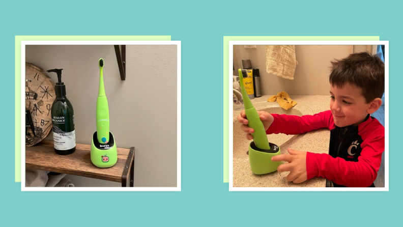 A toothbrush sitting on a bathroom shelf on the left. A child in a bathroom picking a toothbrush up off the sink on the right. Both photos are set against a teal background.