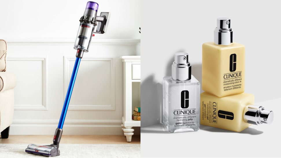 Left: dyson vacuum standing up on carpet, Right: clinique yellow moisturizers stacked on one another