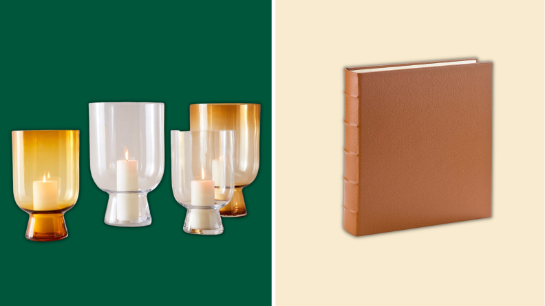 A set of candle holders and a leather bound photo album.