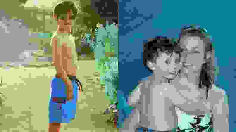 A boy in swim trunks and a mother holding her child