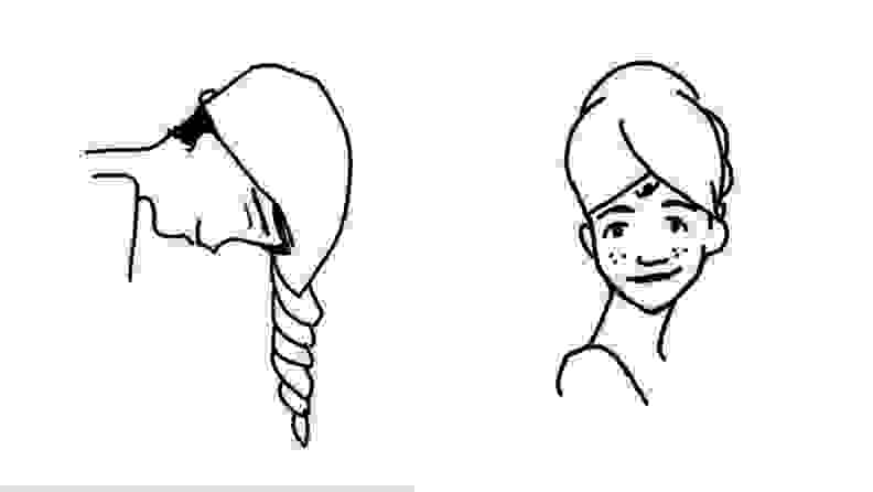 On the left: A cartoon drawing of a person tipping their head over with the Aquis hair towel wrapped around the head and twisted at the bottom to wrap up long strands. On the right: The same cartoon drawing shows a person smiling and wearing the Aquis hair towel on their head.