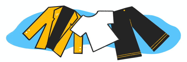 Illustration of a jacket, shirt, and pants.