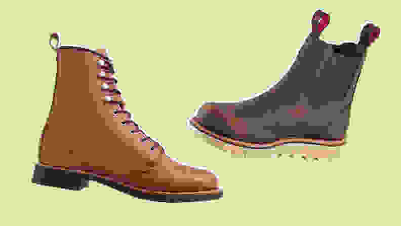 Two brown leather boots against a green background.
