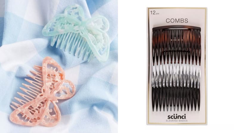 On the left: Blue and pink butterfly comb clips laying on a blue and white checkered fabric. On the right: A pack of neutral colored hair combs on a white background.