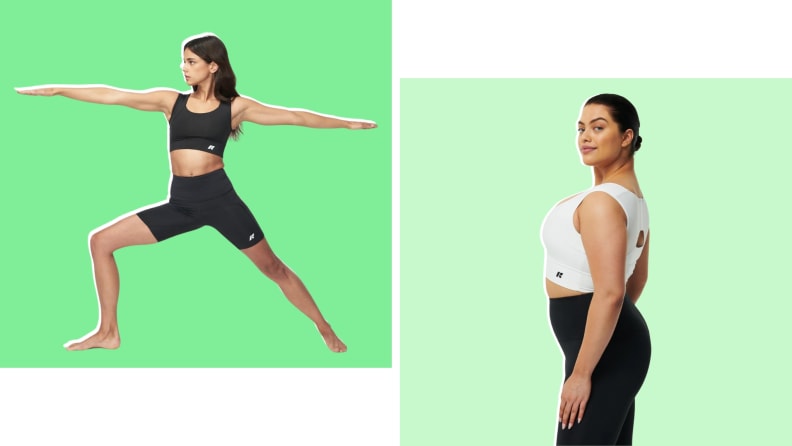 Collage image of a woman doing yoga in a sports bra and shorts, and another shot of a model wearing the same bra.