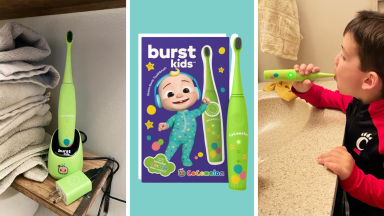 On the left: A green kids' electric toothbrush sitting on a bathroom shelf. In the middle: JJ from CoComelon on the toothbrush box. On the right: A young child brushing his teeth at the bathroom sink.