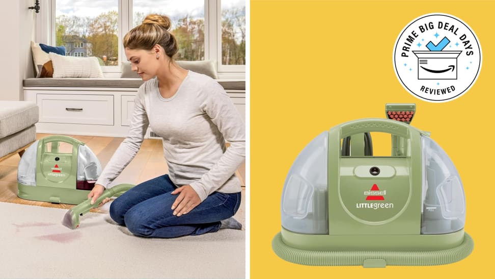A woman using a Bissell Little Green carpet cleaner on a carpet in a room next to a Bissell Little Green cleaner with the Prime Big Deal Days Reviewed badge in front of a colored background.