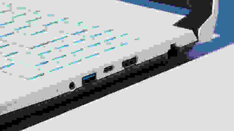 Angled shot of the USB and HDMI ports of the MSI Sword 15 laptop.