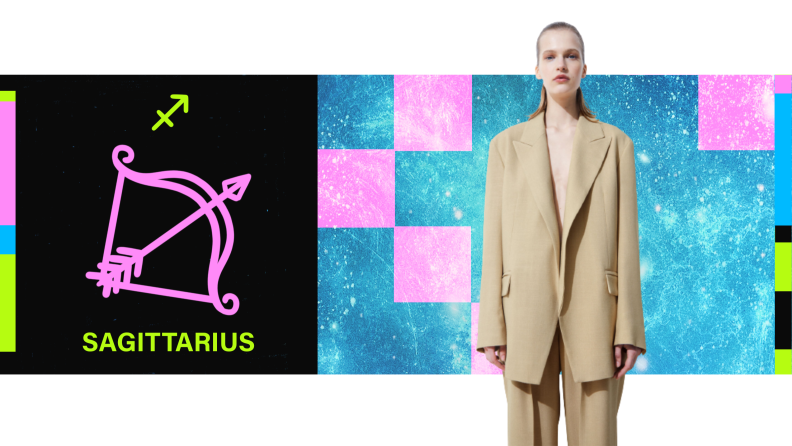 On the left is the symbol for Sagittarius, and on the right is a model wearing a beige oversized blazer.