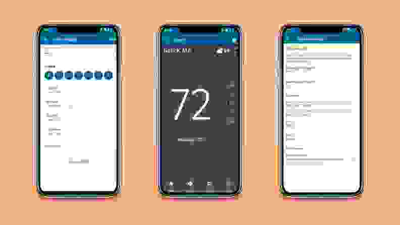 Three menus from the Sensi app show scheduling options, humidity and temperature, and system settings.