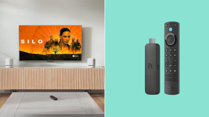 Amazon Fire TV Stick 4K Max streaming device in front of a TV and on colored background