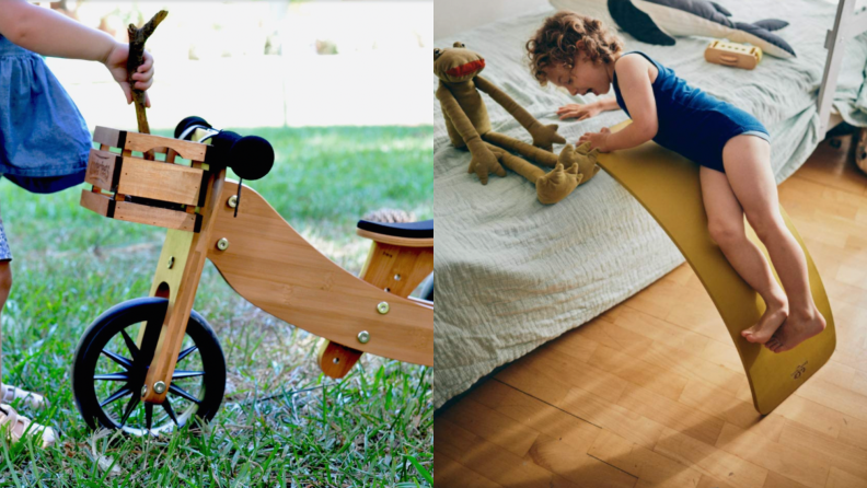 A wooden balance bike and a wooden balance board being played on by a child.