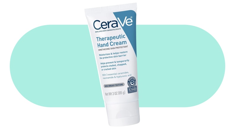 A tube of CeraVe Therapeutic Hand Cream on a colorful background