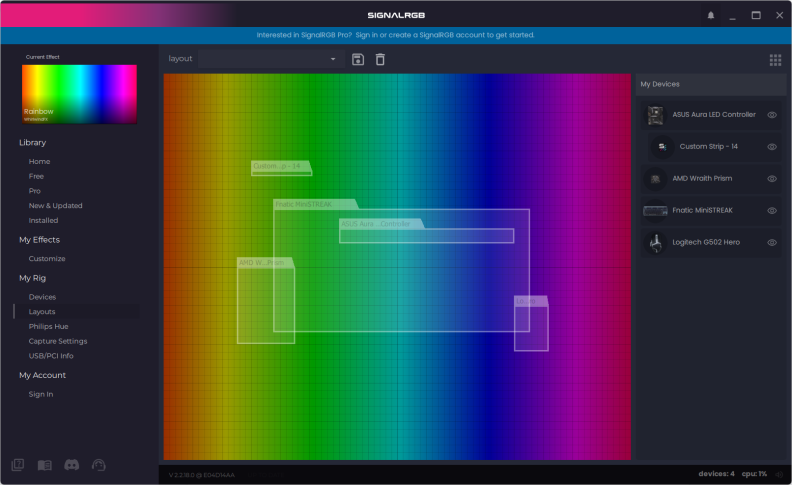 Screenshot of a computer program, black background with white text and a rainbow in the center