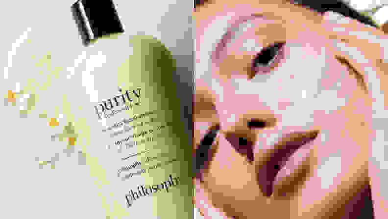 On the left: The Philosophy Purity Made Simple Cleanser's yellow and black bottle lays diagonally across a light yellow background with small flowers on it. On the right: A person tilts their head back and stares at the camera as they apply the Philosophy Purity Made Simple Cleanser across their left cheek.
