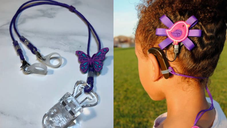 On the left, butterfly ear hearing aid clip.  On the right, a child wearing a hearing aid clip.