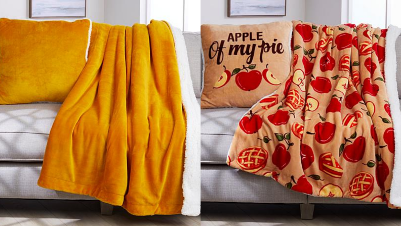 Two images of the same sherpa and plush pillow and throw blanket set, one in opaque gold and the other in a print of bright red apples.