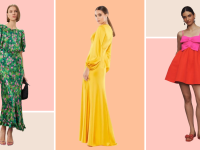 Collage images of a model wearing a floral green drop-waist midi dress, a model wearing a yellow long sleeve gown, and a model wearing a red and pink mini dress with bow details along the bodice.