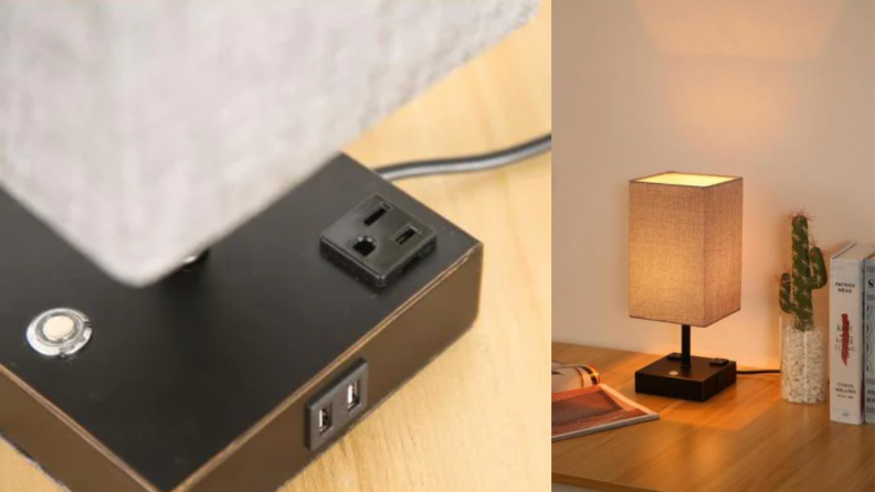 On the left, a close up of the built in outlets of the lamp. On the right, the lamp lit up on a table.
