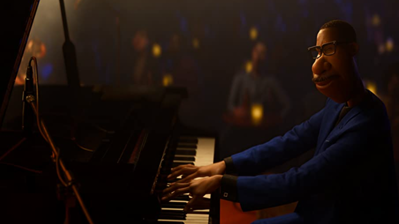 A still from the Pixar movie Soul featuring the central character at a piano.