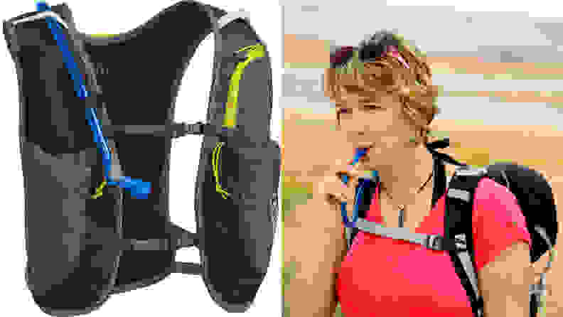 An image of a Camelbak vest and a woman wearing a Camelbak vest while exercising.