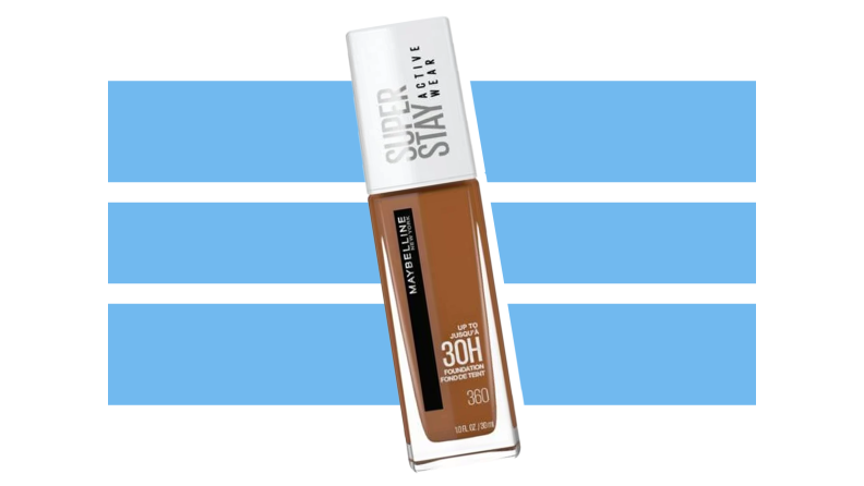 Maybelline Superstay Full Coverage Foundation against a blue and white background.