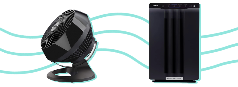 Black standing fan and air purifier.