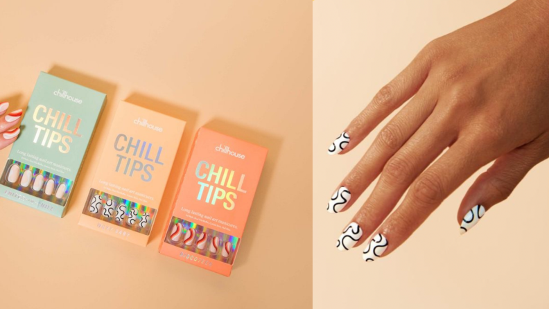 on the left: three packs of Chillhouse press on nails. To the right: a model wearing Chillhouse press on's in a abstract print