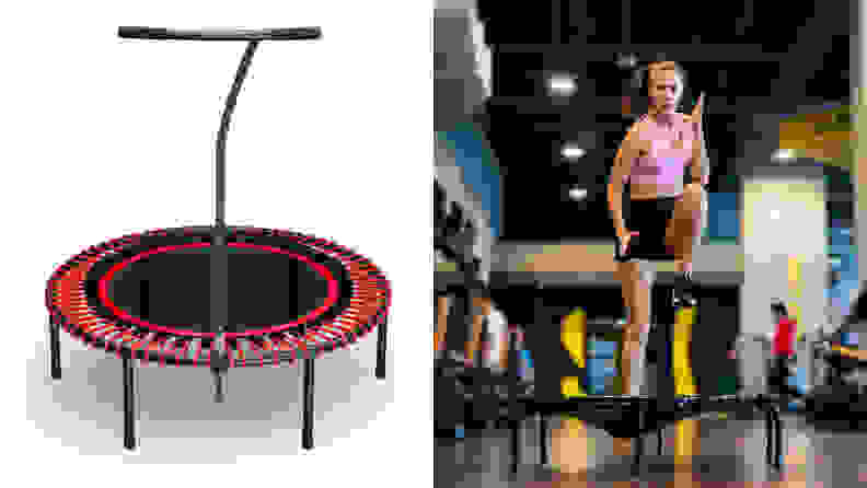 An image of a Bellicon rebounder next to an image of a woman exercising on a rebounder.