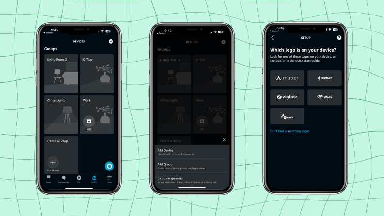 Three screenshots that show how to connect Matter devices in the Alexa app