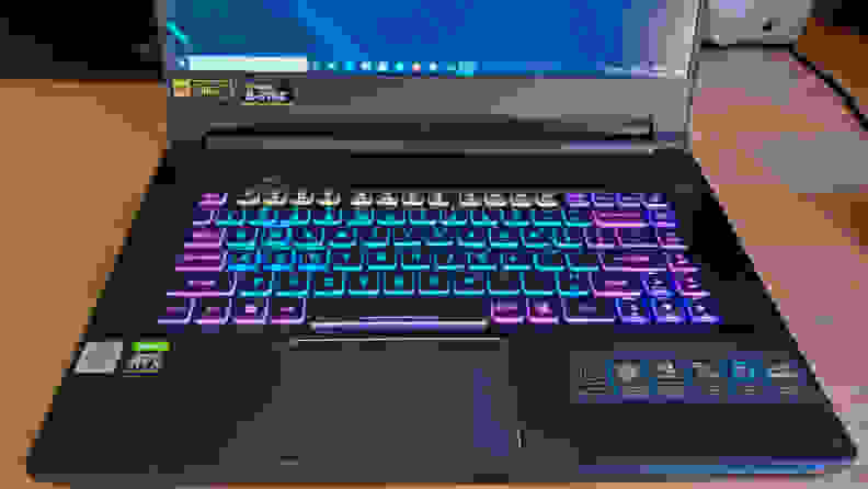 A shot of the lit-up keyboard with purple, pink, blue, and yellow keys