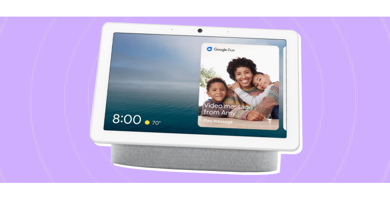 The Google Nest Hub Max on a purple background.